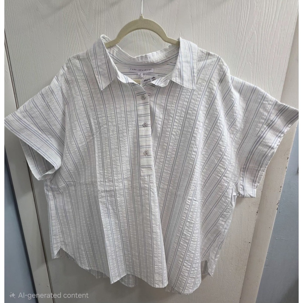 NWT Womens Jane + Delancey cotton blend popover shirt blue/white sleeves 2X